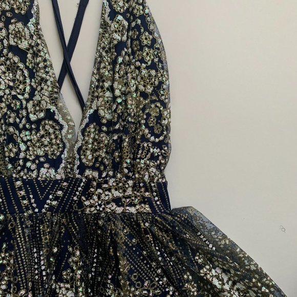 Luxxel Backless Sequin Mini Dress | Blue and Gold  | Size M - Picture 4 of 14